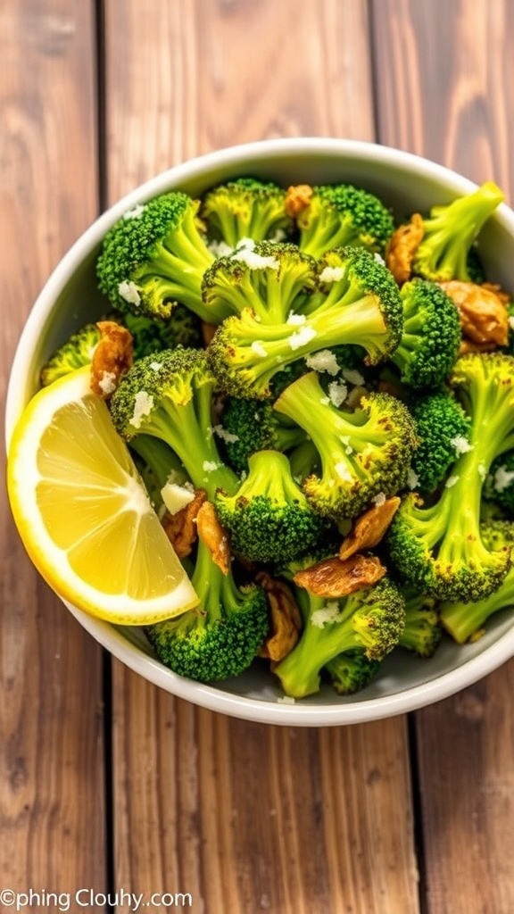 Crispy air fryer broccoli garnished with Parmesan cheese and lemon on a wooden table.